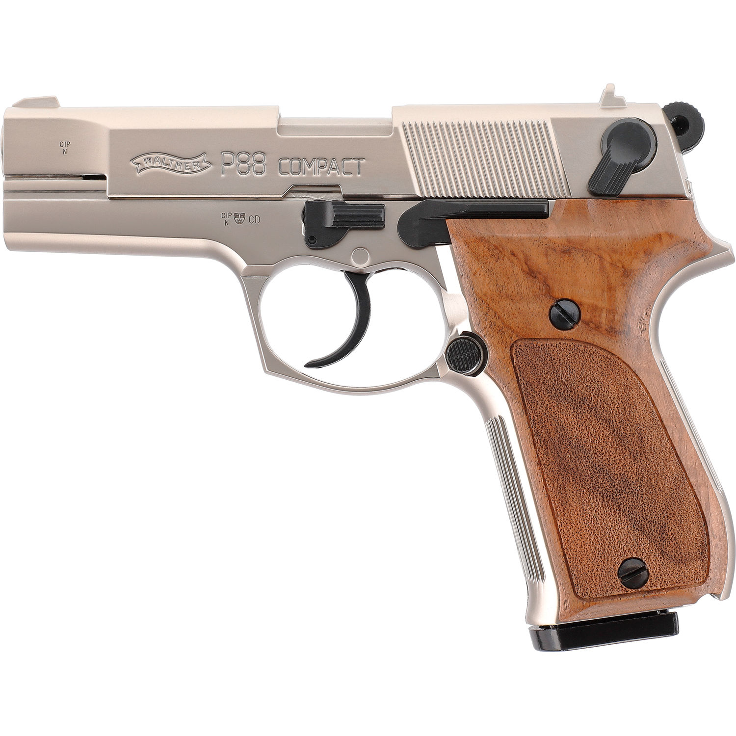 Walther P88 Schreckschusspistole 9mm P.A.K. Nickel mit Holzgriffschalen Walther P88 Schreckschusspistole 9mm P.A.K. Nickel mit Holzgriffschalen