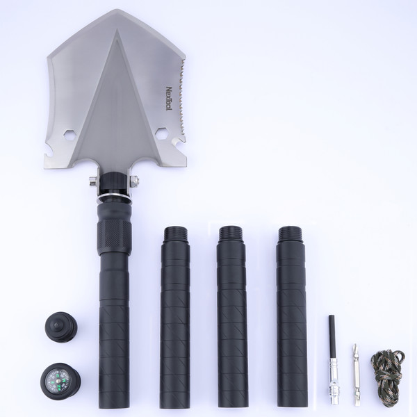 KT5524-Frigate-innovativer-Outdoor-Klappspaten-KT5524-KT5524-1568-Feldspaten-Glasbrecher-Feuerstahl-Notpfeife-Kompass-Gurtschneider-Saege-Schraubenzieher-Flaschenoeffner-Sechsk Nextorch Multifunktions Outdoor Klappspaten
