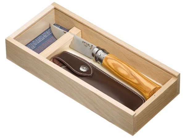Opinel-Messer Nr. 8,Kunstleder-Etui in Holzgeschenkbox